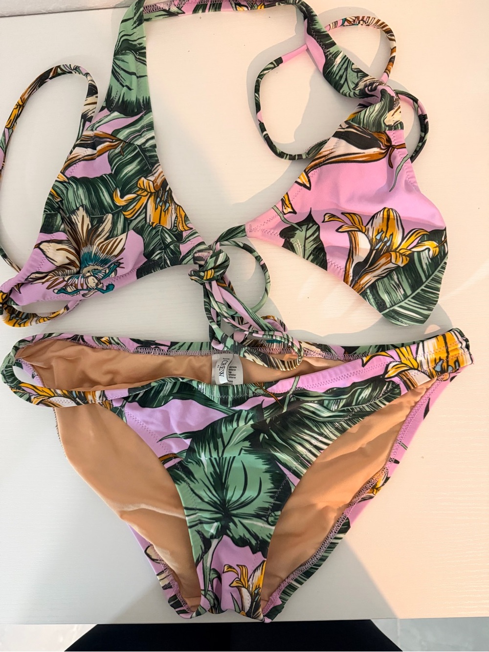 J. Crew Pink Floral Halter Bikini with Green Leaf Print